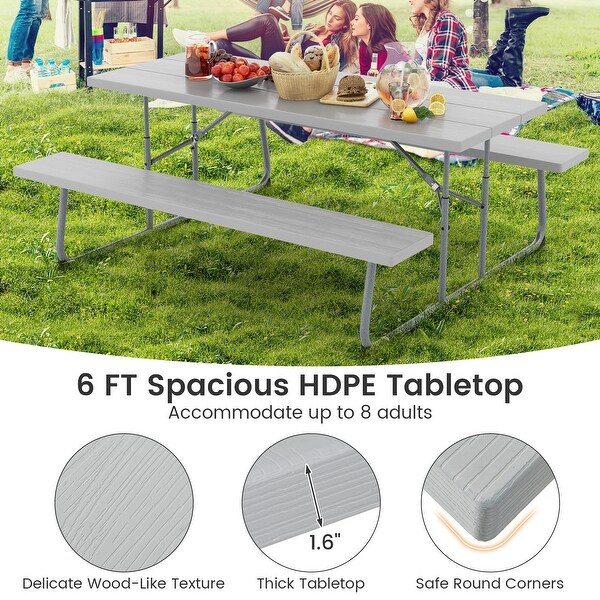 Folding Picnic Table Set with Metal Frame and AllWeather HDPE Tabletop，Umbrella Hole