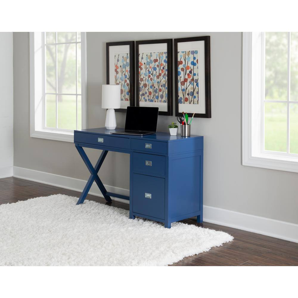 Linon Home Decor Sara 48 in. W Rectangle Navy Blue Wood 4-Drawer Computer Desk with Side Storage THD02966