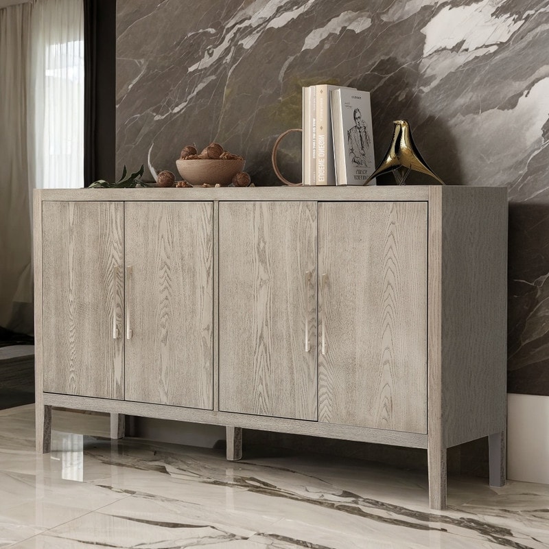 Wooden Storage Cabinet  Vintage Sideboard Cabinet with 4 Metal Handles 4 Shelves and 4 Doors  for Hallway  Living Room  Grey