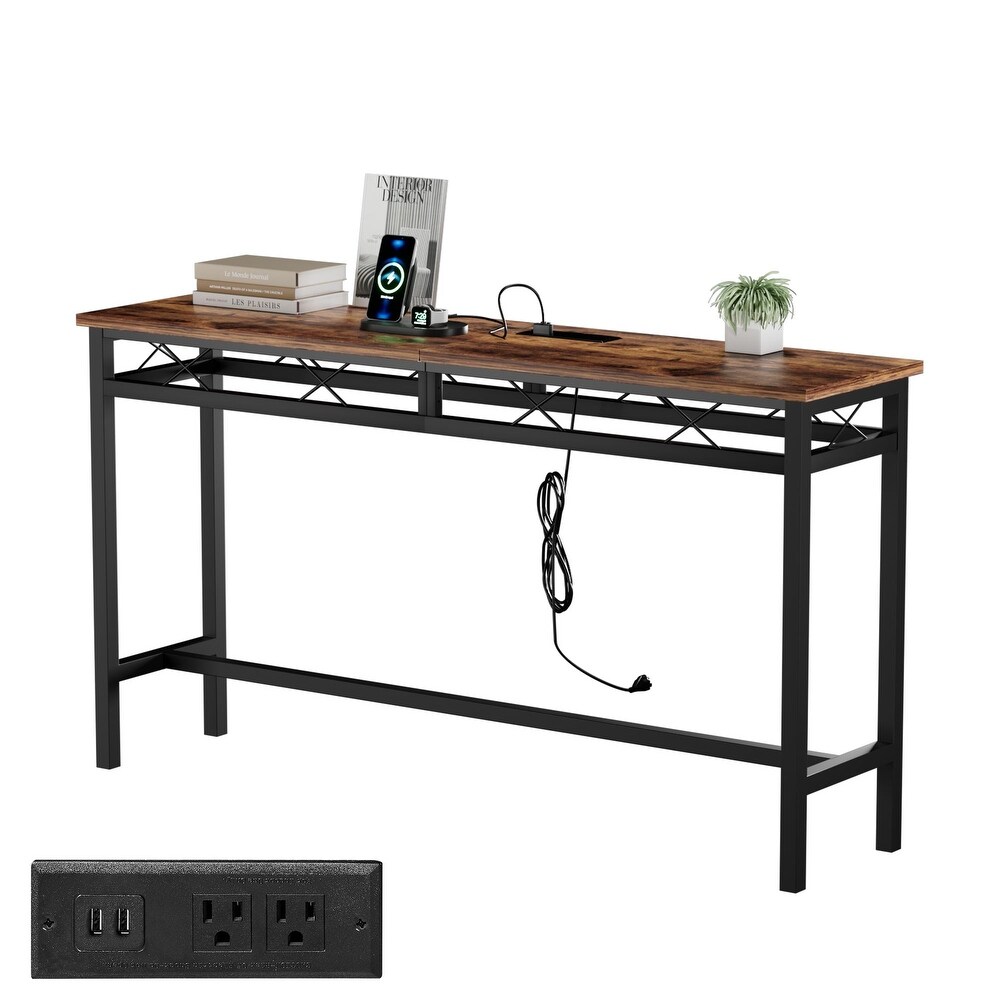 Javlergo Console Table with with Charging Station   USB Ports  Rustic Brown