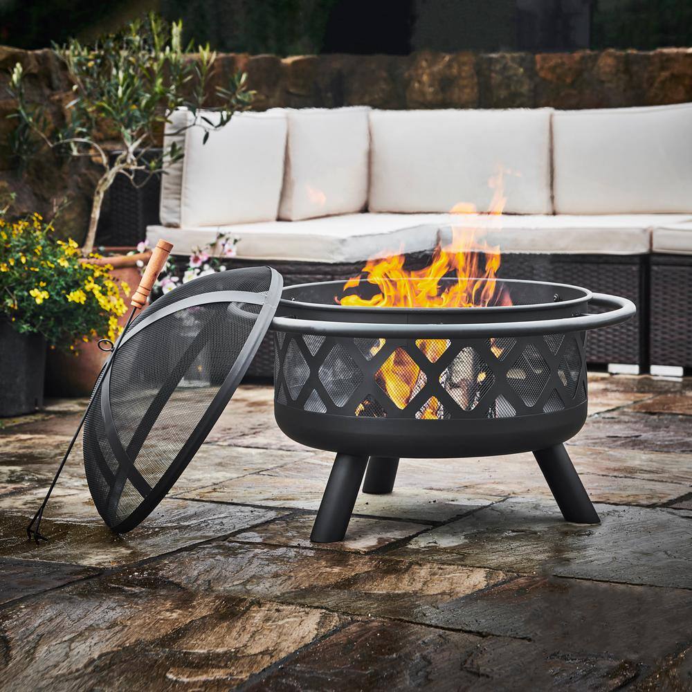 Teamson Home 30 in. x 24 in. Round Steel Wood Burning Outdoor Fire Pit in Black CU296