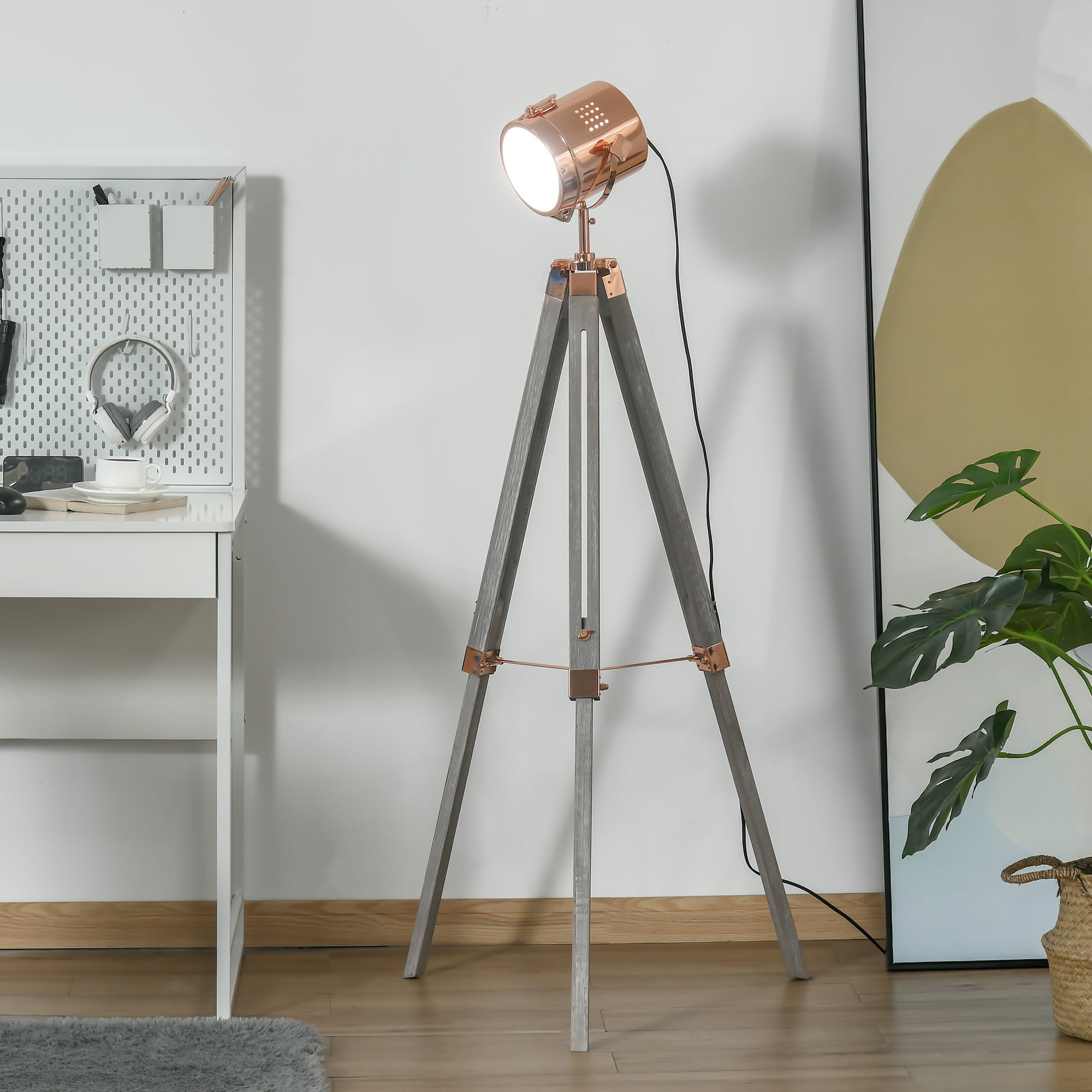 HOMCOM Vintage Tripod Floor Lamp, Height Adjustable Nautical Spotlight with Wood Legs, E12 Lamp Base for Living Room, Bedroom, Grey and Rose Gold