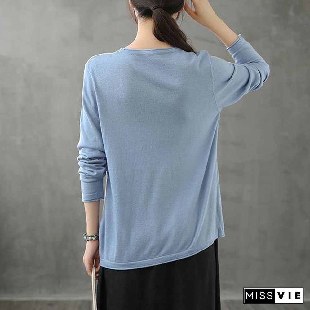 Women o neck long sleeve fall shirts pattern blue blouse