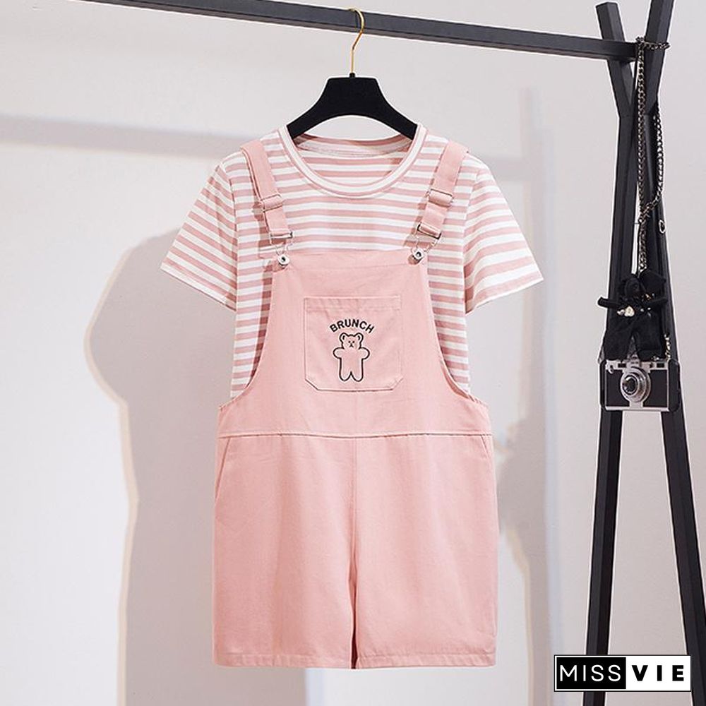 Cute Stripe Tee+Bear Rompers P11168