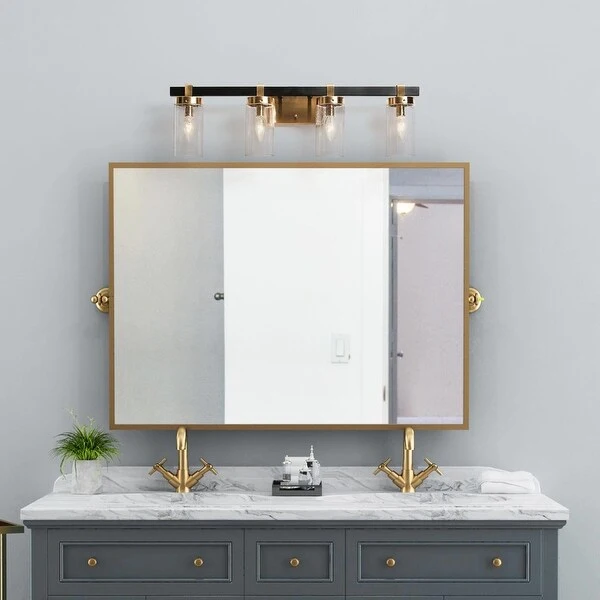 Modern 4-Light Gold and Black Bathroom Vanity Lighting with Clear Glass Shades - 28