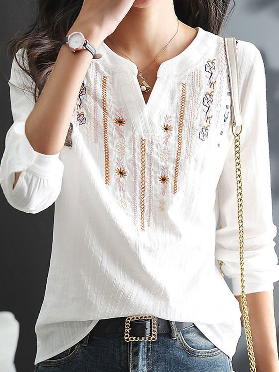 V-neck Casual Loose Embroidered Long Sleeve Blouse