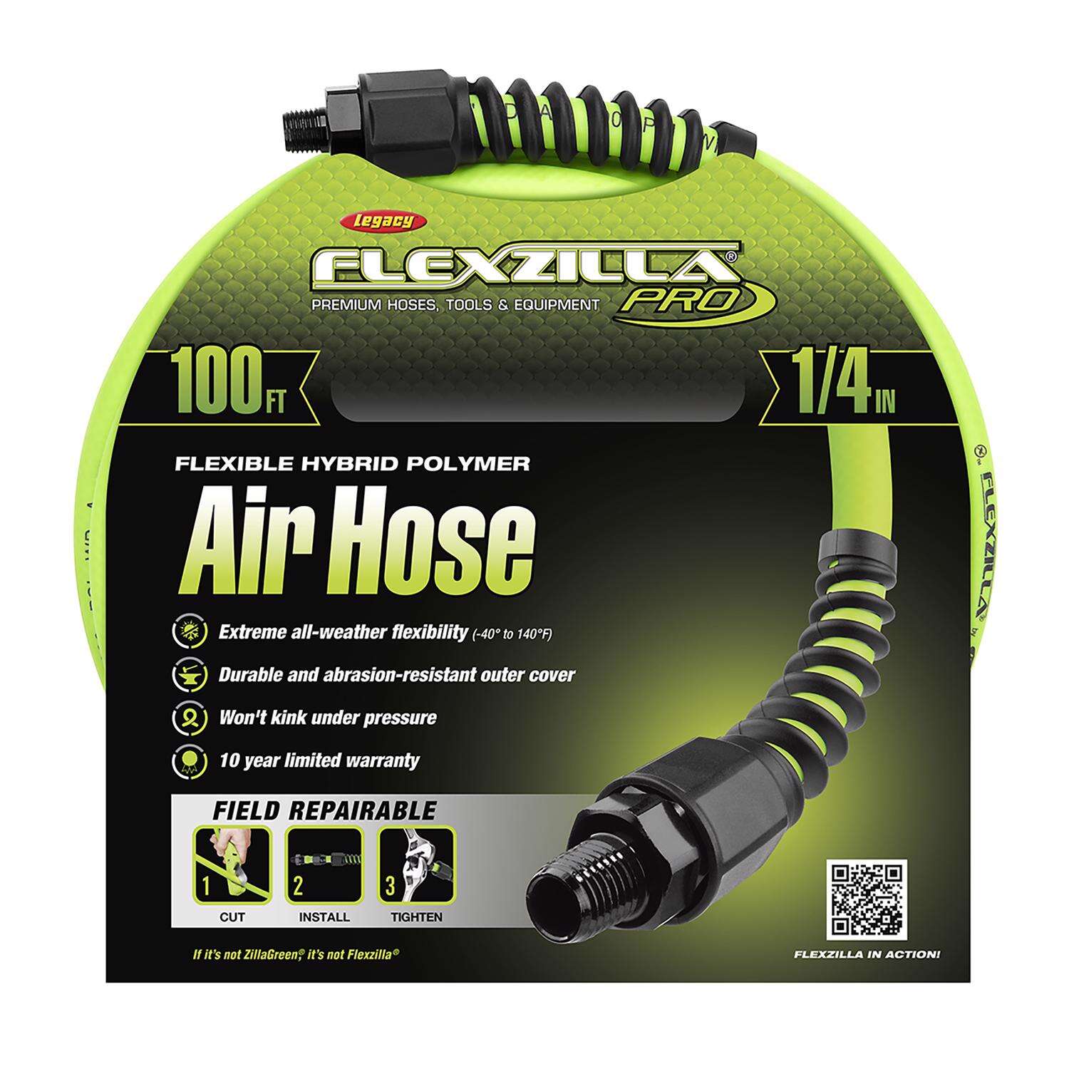 Flexzilla Pro 100 ft. L X 1/4 in. D Hybrid Polymer Air Hose 300 psi Zilla Green