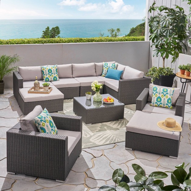 Santa Rosa 10pc Wicker Patio Sectional Sofa Set Gray silver Christopher Knight Home