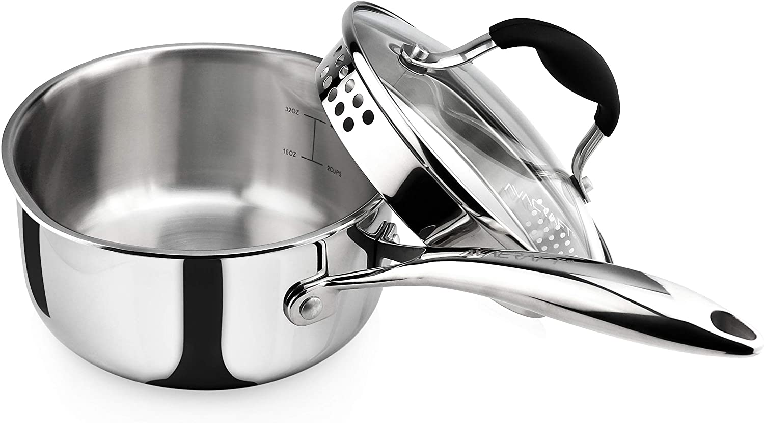 AVACRAFT Tri-Ply Stainless Steel Saucepan with Glass Strainer Lid， Two Side Spouts， Ergonomic Handle， Multipurpose Sauce Pan with Lid， Sauce Pot， Cooking Pot (Tri-Ply Full Body， 1.5 Quart)