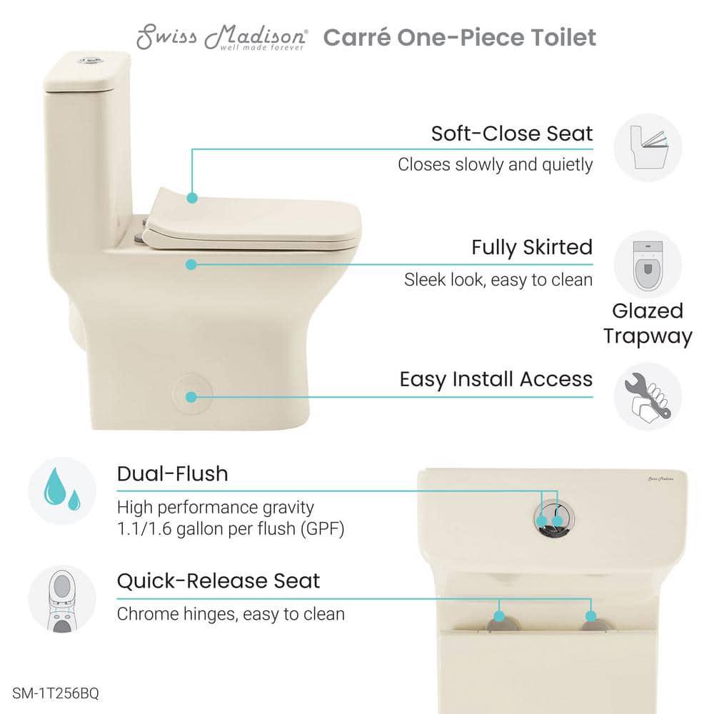 Swiss Madison Carre 1piece 1116 GPF Dual Flush Square Toilet in Bisque Seat Included