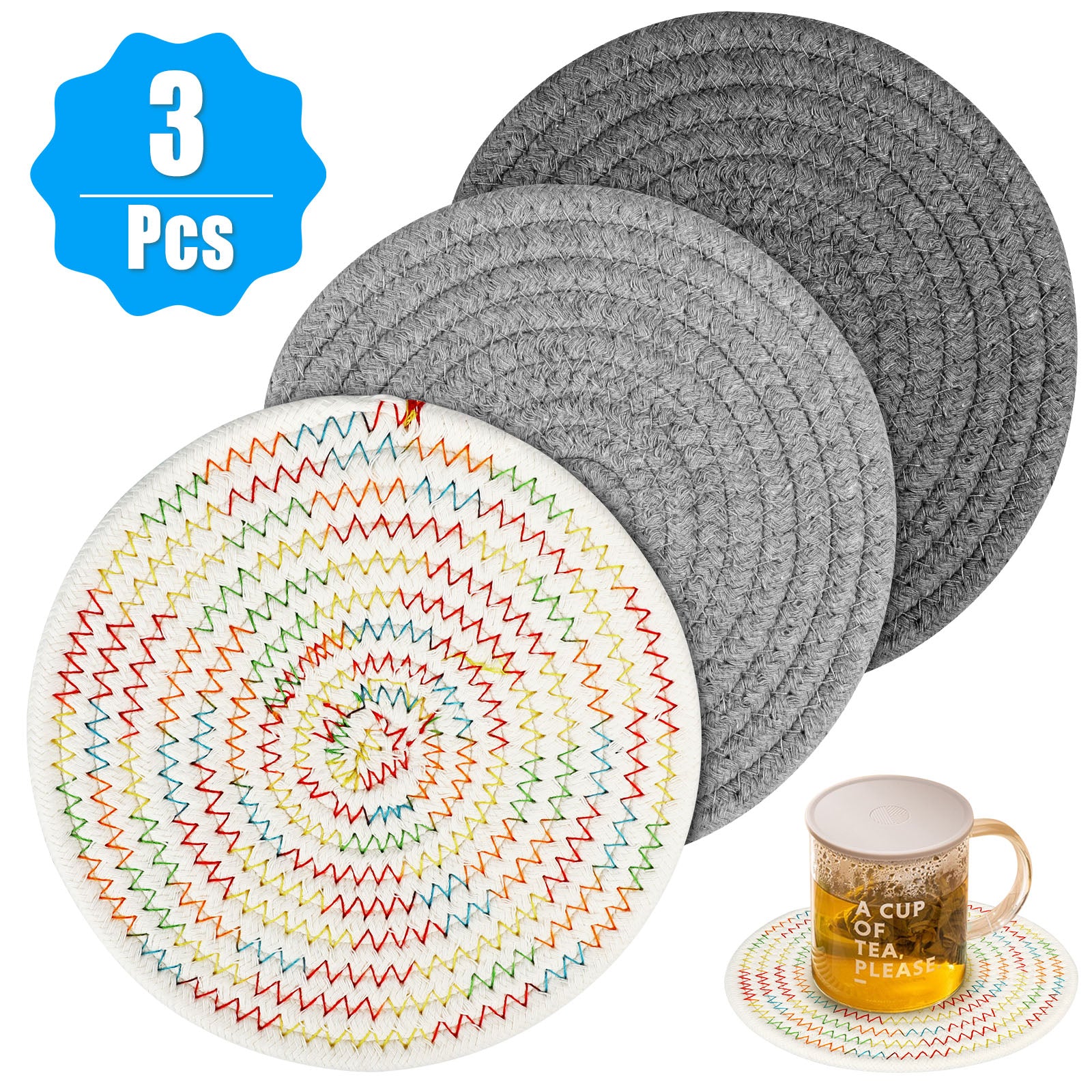 3pcs Potholders Trivets Set， EEEkit 7inch Pure Cotton Thread Weave Hot Pot Holders Mats for Kitchen， Round Kitchen Cooking and Baking Hot Pads， Spoon Rest Coasters for Hot Pots and Pans