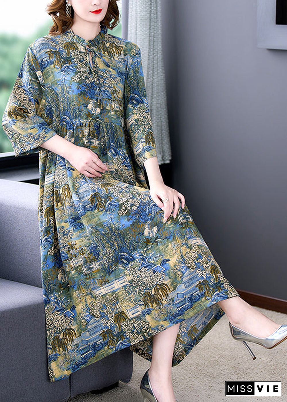 Boutique Stand Collar Wrinkled Print Chiffon Party Dress Summer