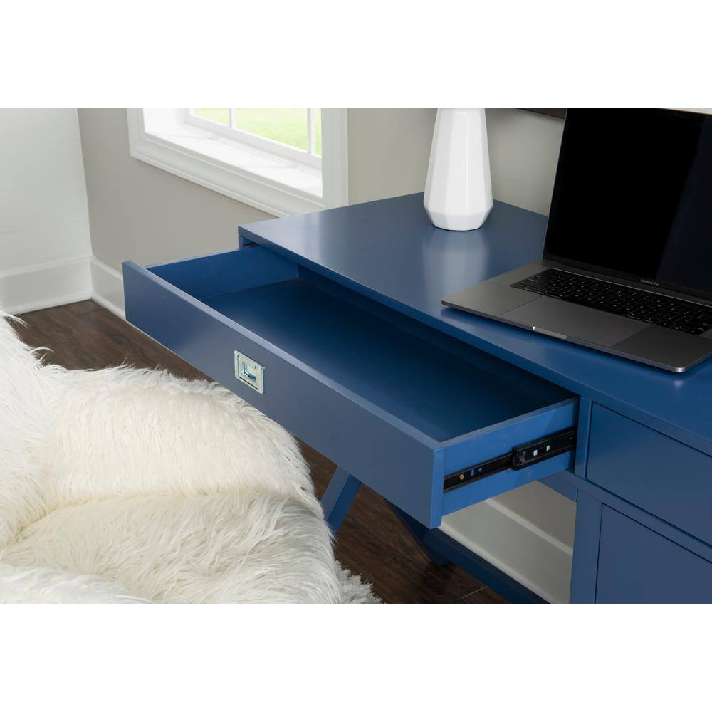 Linon Home Decor Sara 48 in. W Rectangle Navy Blue Wood 4-Drawer Computer Desk with Side Storage THD02966