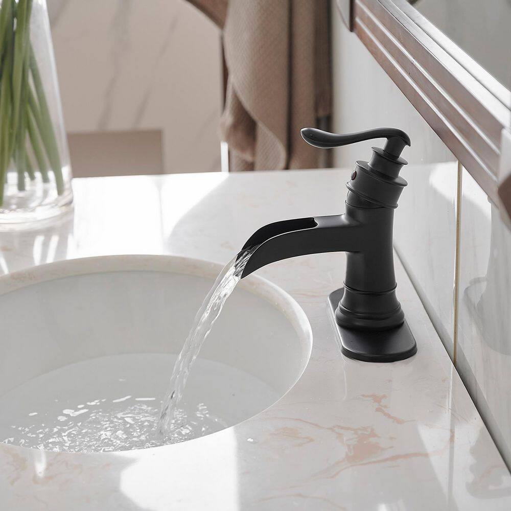 BWE Waterfall Single Hole Single-Handle Low-Arc Bathroom Faucet With Pop-up Drain Assembly In Matte Black A-96556-Black