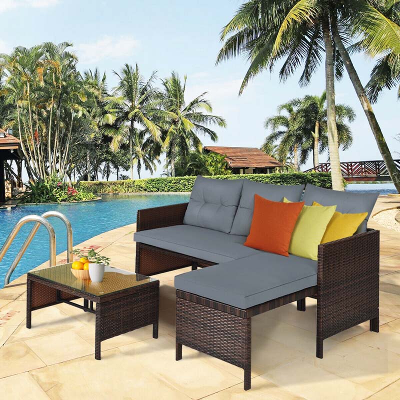 3 Pcs Rattan Patio Furniture Set Outdoor Conversation Sofa Set with Loveseat Chair & Coffee Table