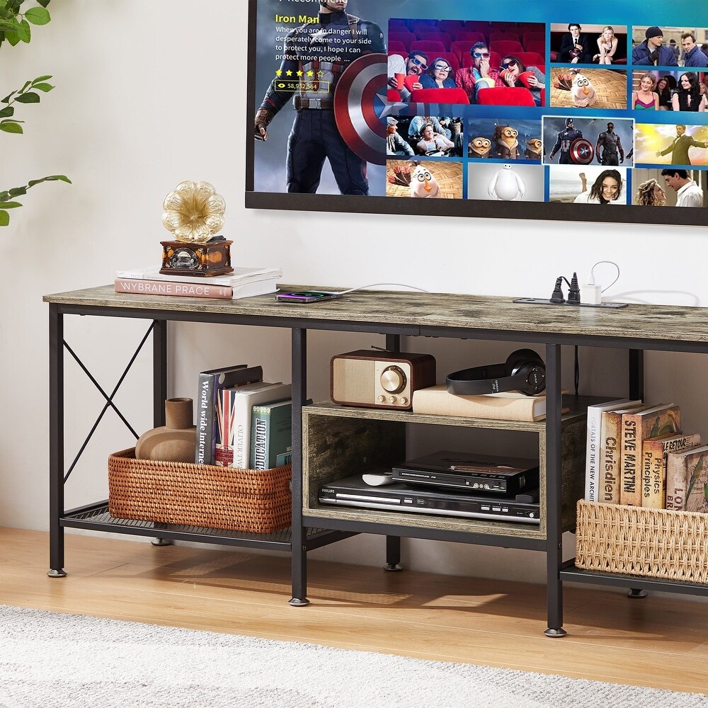 Wood TV Stand with Charging Station Storage Shelves Entertainment Center TV Cabinet