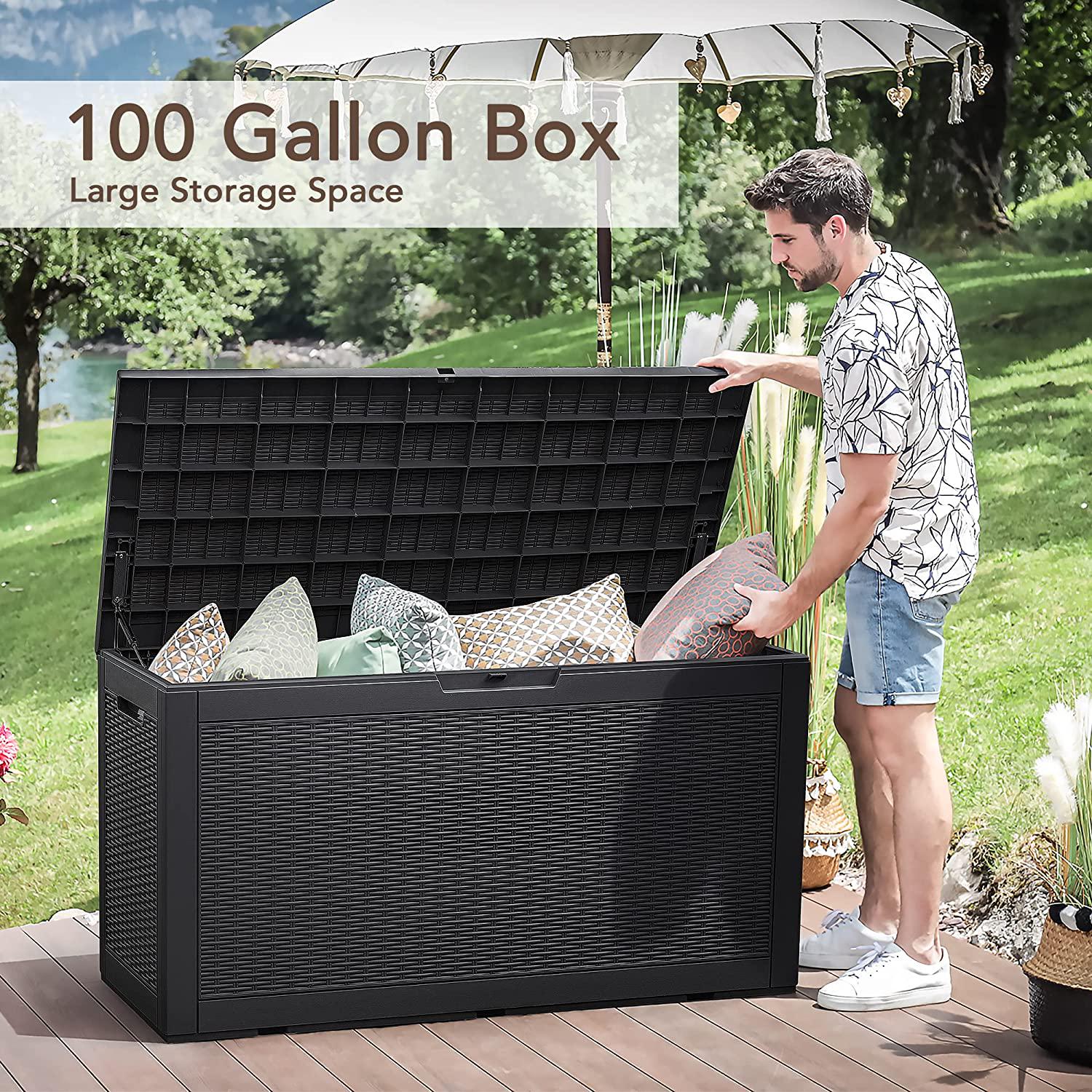 Homall 100 Gallon Large Resin Deck Box Waterproof Outdoor Storage with Padlock Indoor Outdoor Organization and Storage Container for Patio Furniture Cushions, Pool Toys, Garden Tools (Black)