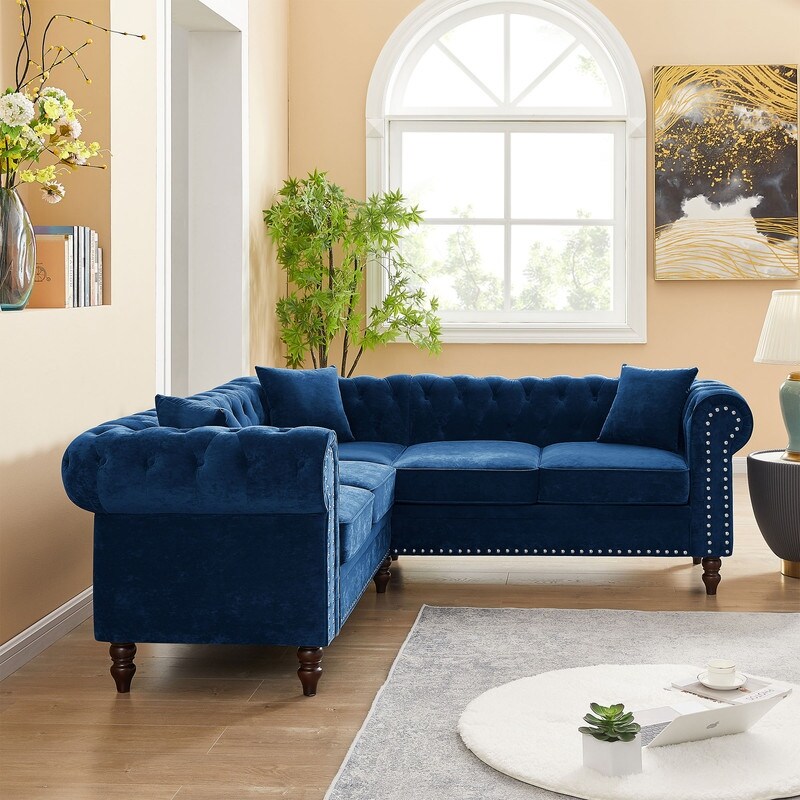 Chesterfield Button Tufted Upholstered Sectional Sofas L Shaped Sofa with 3 Pillows Included and Solid Wood Gourd Legs