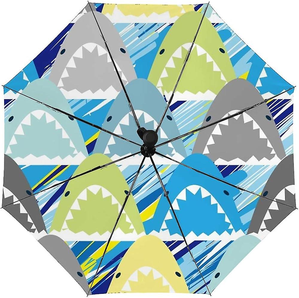 Colourlife Travel Umbrella Colorful Sharks Automatic Windproof Foldable Umbrella For Sun and Rain