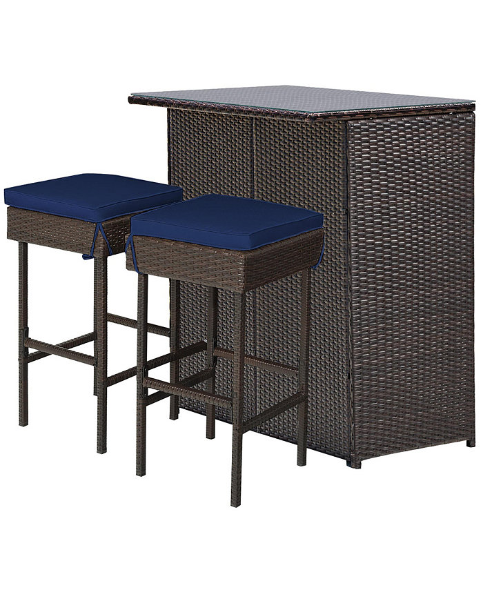 Costway Patio 3PCS Rattan Bar Table Stool Set Cushioned Chairs