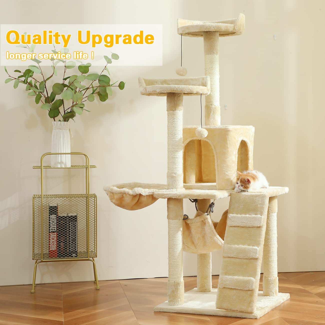 53in Cat Tree Tower Condo Furniture Scratch Post with Natural Sisal Rope, Multi-Level Cat Condo with Hammock & Cradle for Kittens, Tall Cat Climbing Stand with Plush Perch (Beige)