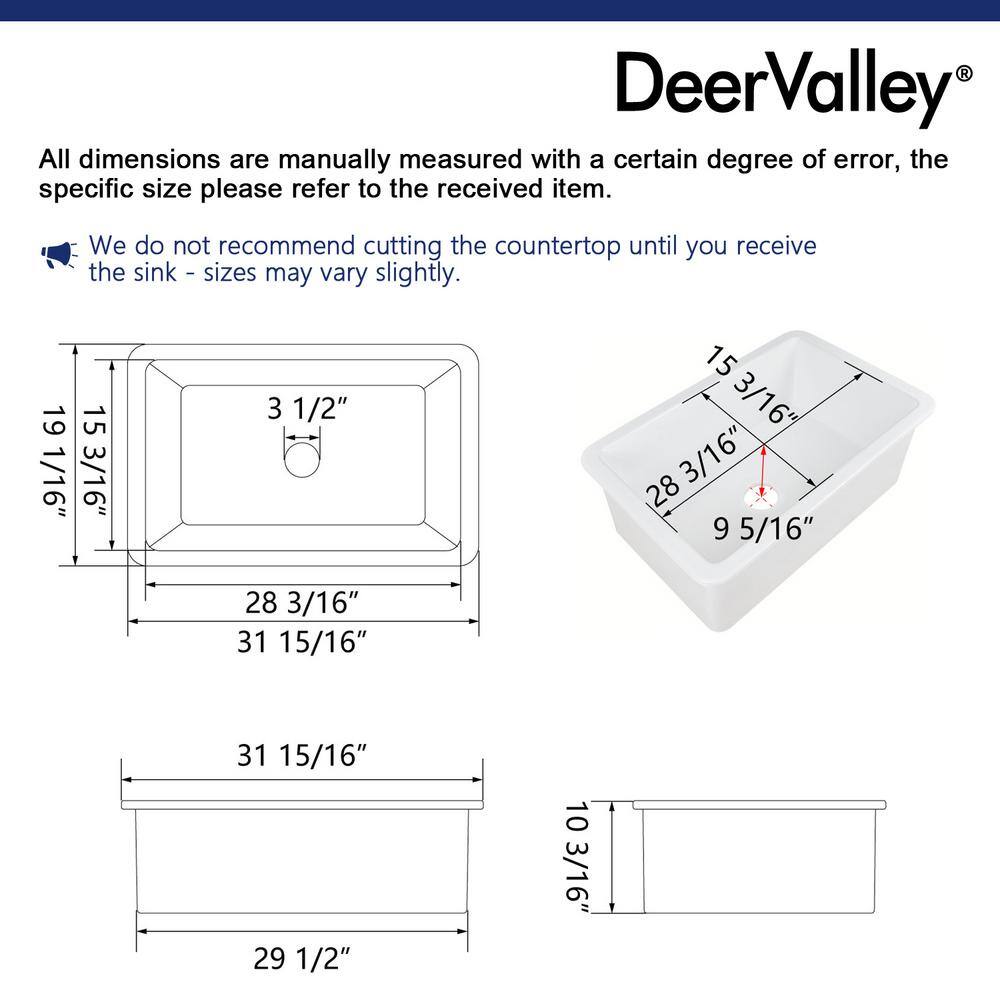 DEERVALLEY Glen White Rectangular Fireclay 32 in. Single Bowl UndermountDrop-In Kitchen Sink with Basket Strainer and Sink Grid DV-1K513