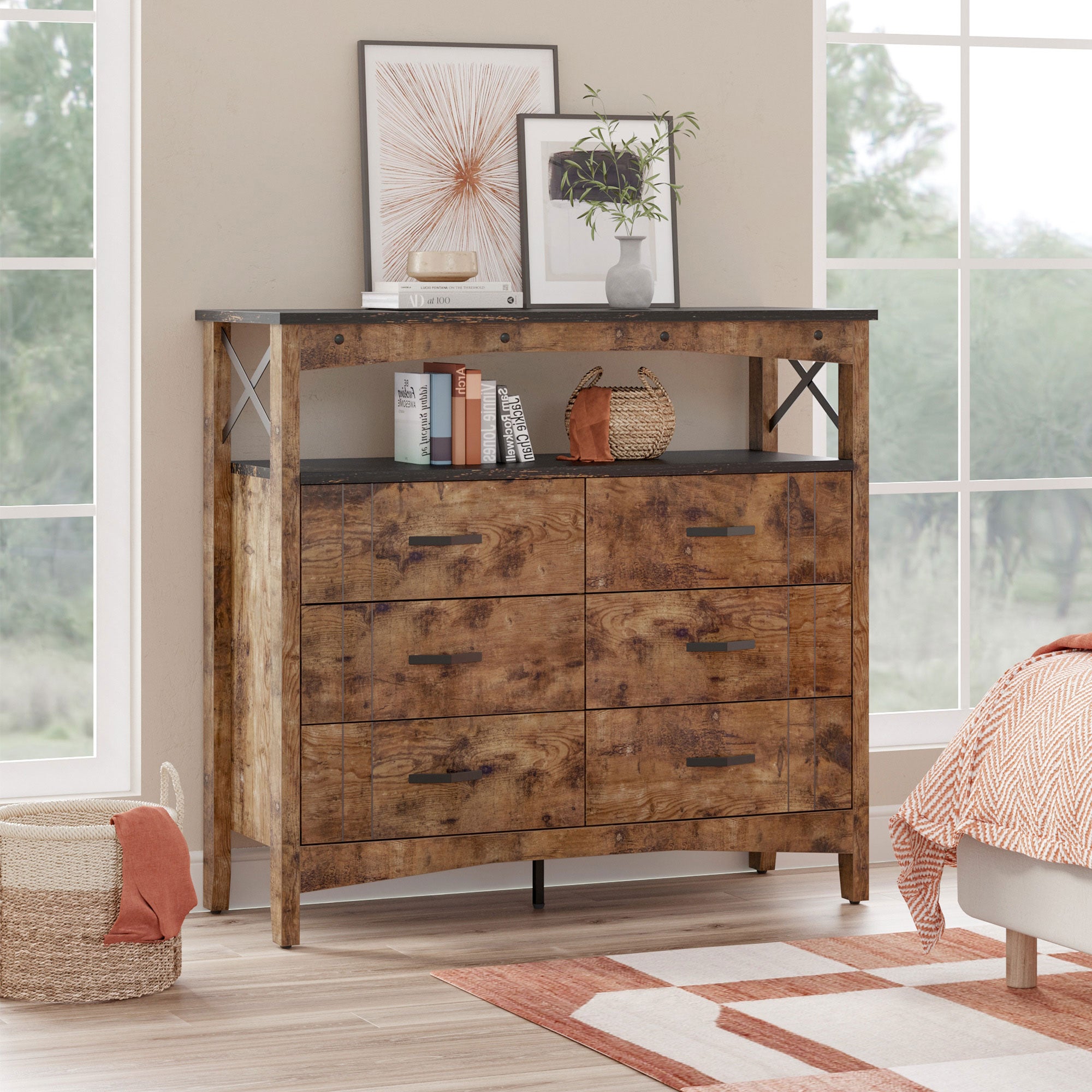 Bestier Buffet Hallway & Living Room Storage Cabinet w/6 Drawers, Rustic Brown