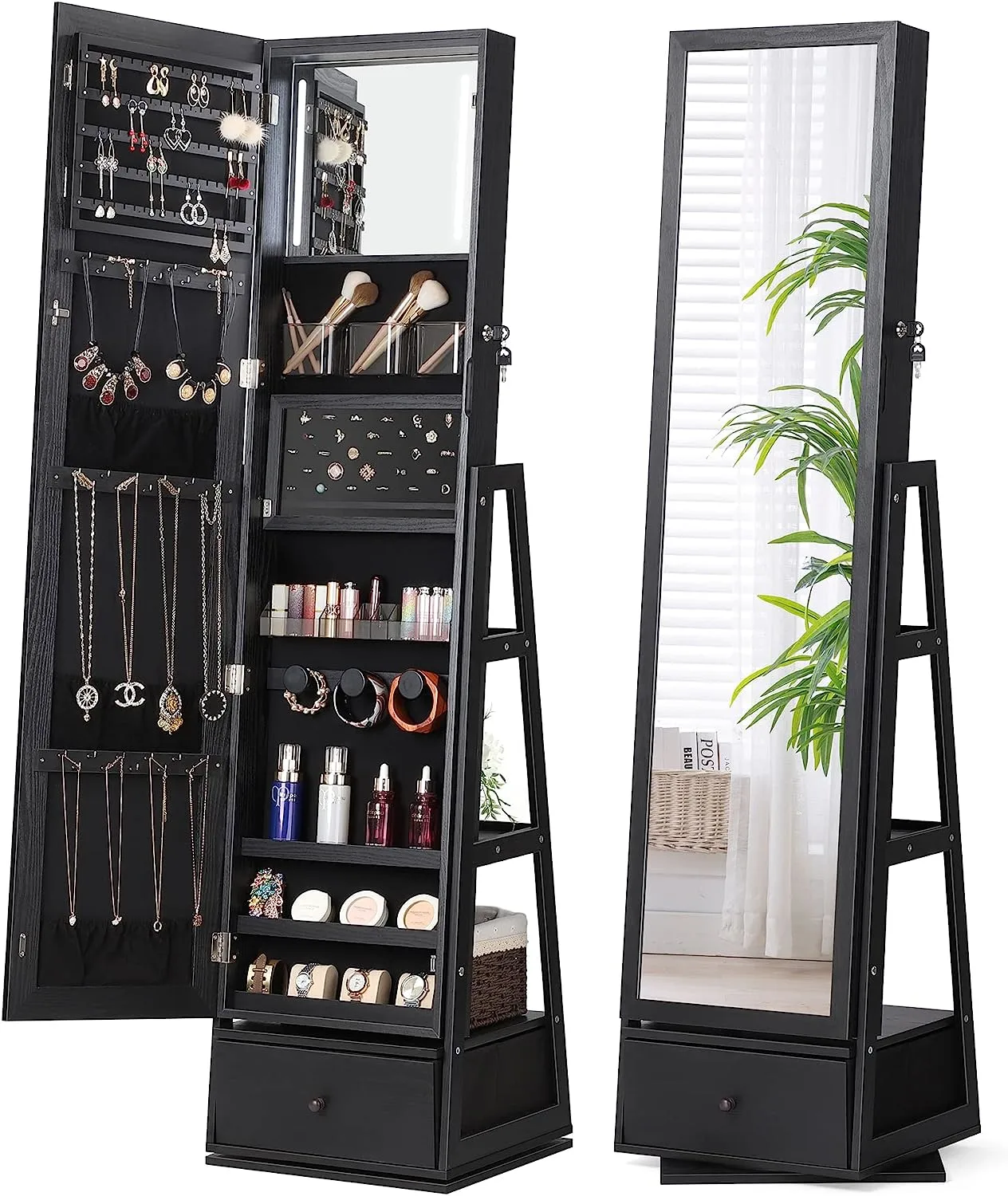 ⭐️360° Swivel Jewelry Cabinet with Lights - 🌟Touch Screen Vanity Mirror 🌟
