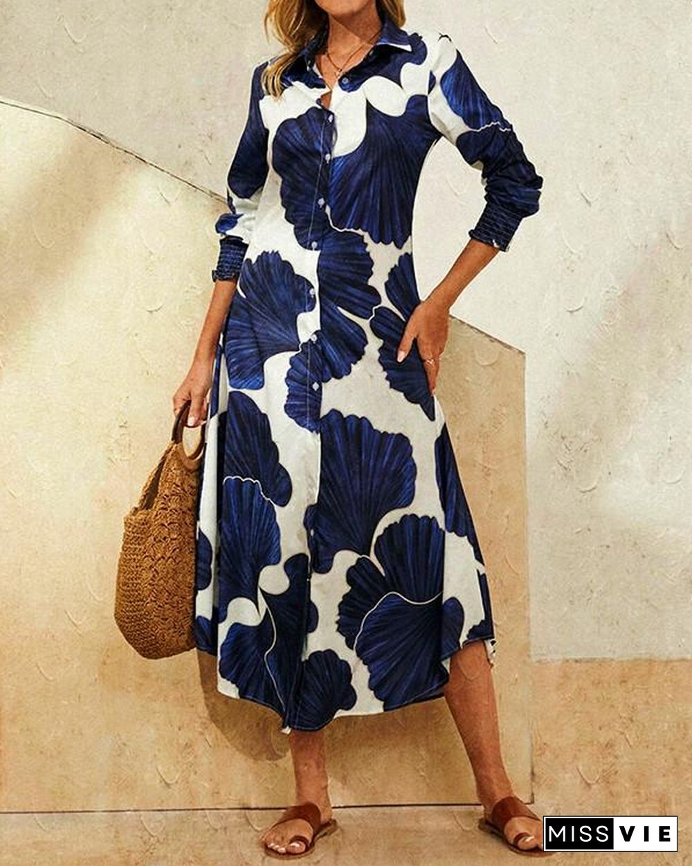 Leaves Print Lapel Button Long Sleeve Maxi Shirt Dress