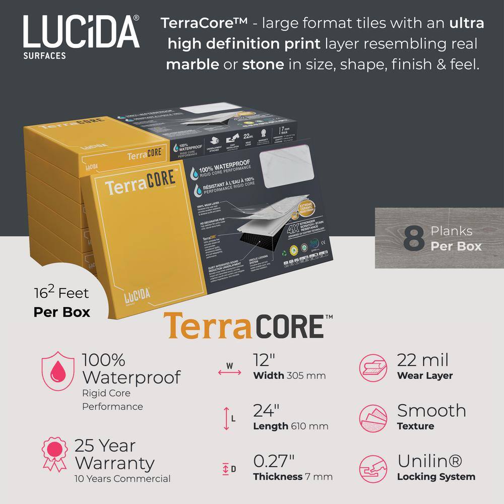 Lucida Surfaces TerraCore Calacatta 22 MIL x 16 in. W x 24 in. L Click Lock Waterproof Vinyl Tile Flooring (16 sqftcase) TC-605