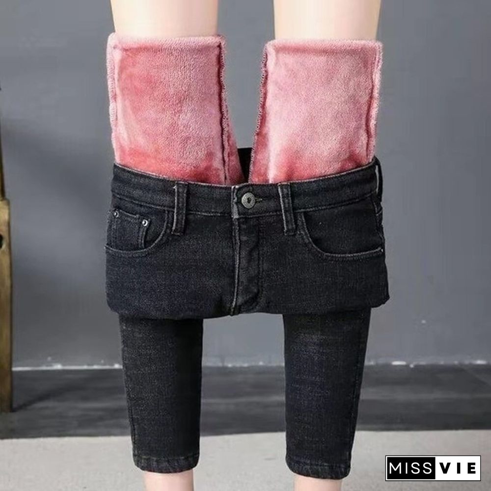 Winter Warm High Waist Velvet Jeans for Ladies To Wear Tights Warm for Ladies Denim Pencil Jeans Women's Thick Winter Socks