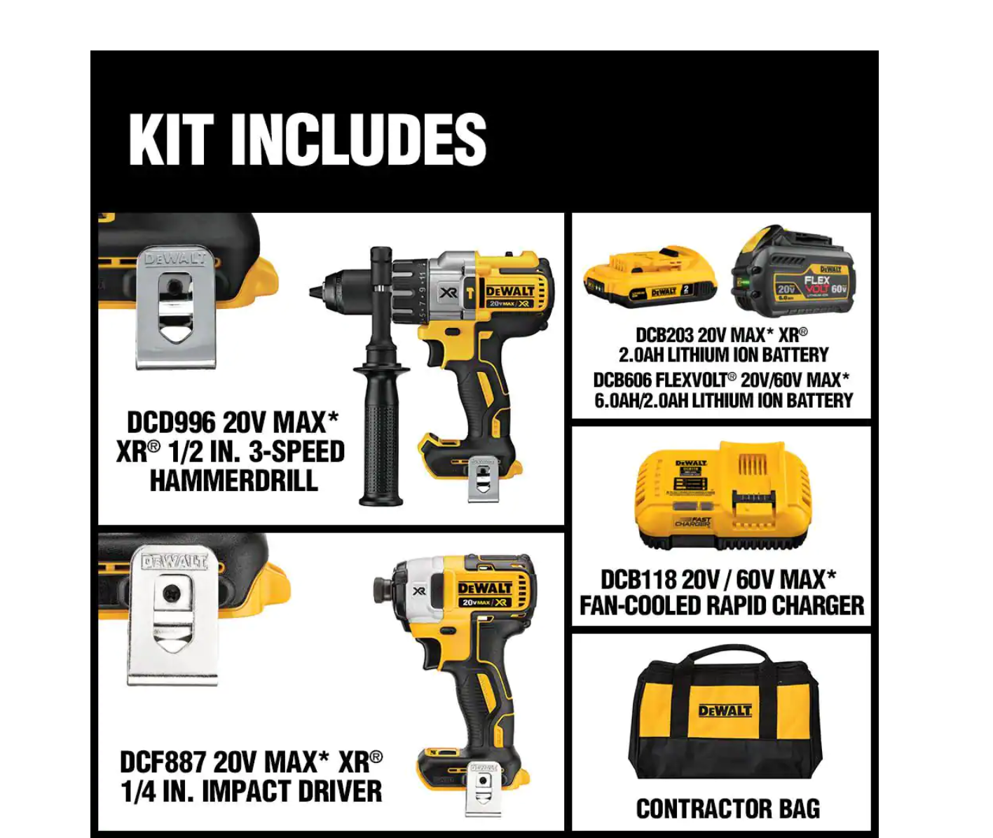 DEWALT DCK299D1T1 20-Volt MAX Cordless Brushless Combo Kit (2-Tool) with (1) FLEXVOLT 6.0Ah Battery， (1) 20-Volt 2.0 Battery and Charger