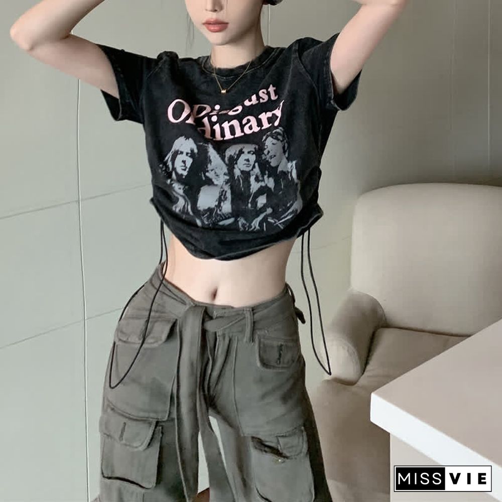 Retro Letter Print Drawstring Crop Top T-Shirt Casual Pocketed Cargo Pants