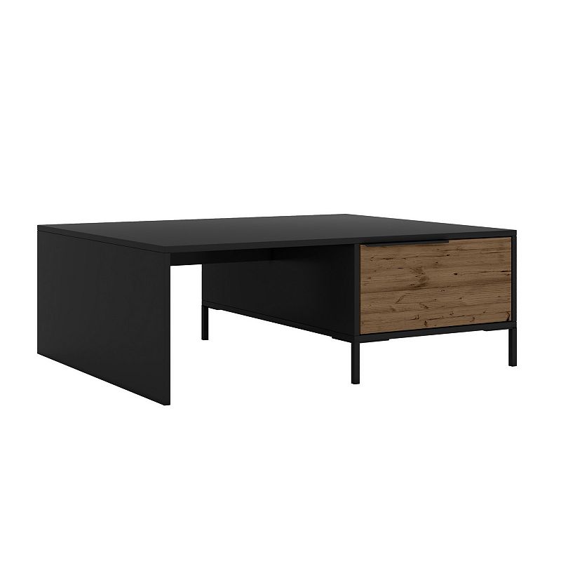 Wood and Metal Rectangular Accent Coffee Table with Drawer， Brown and Black