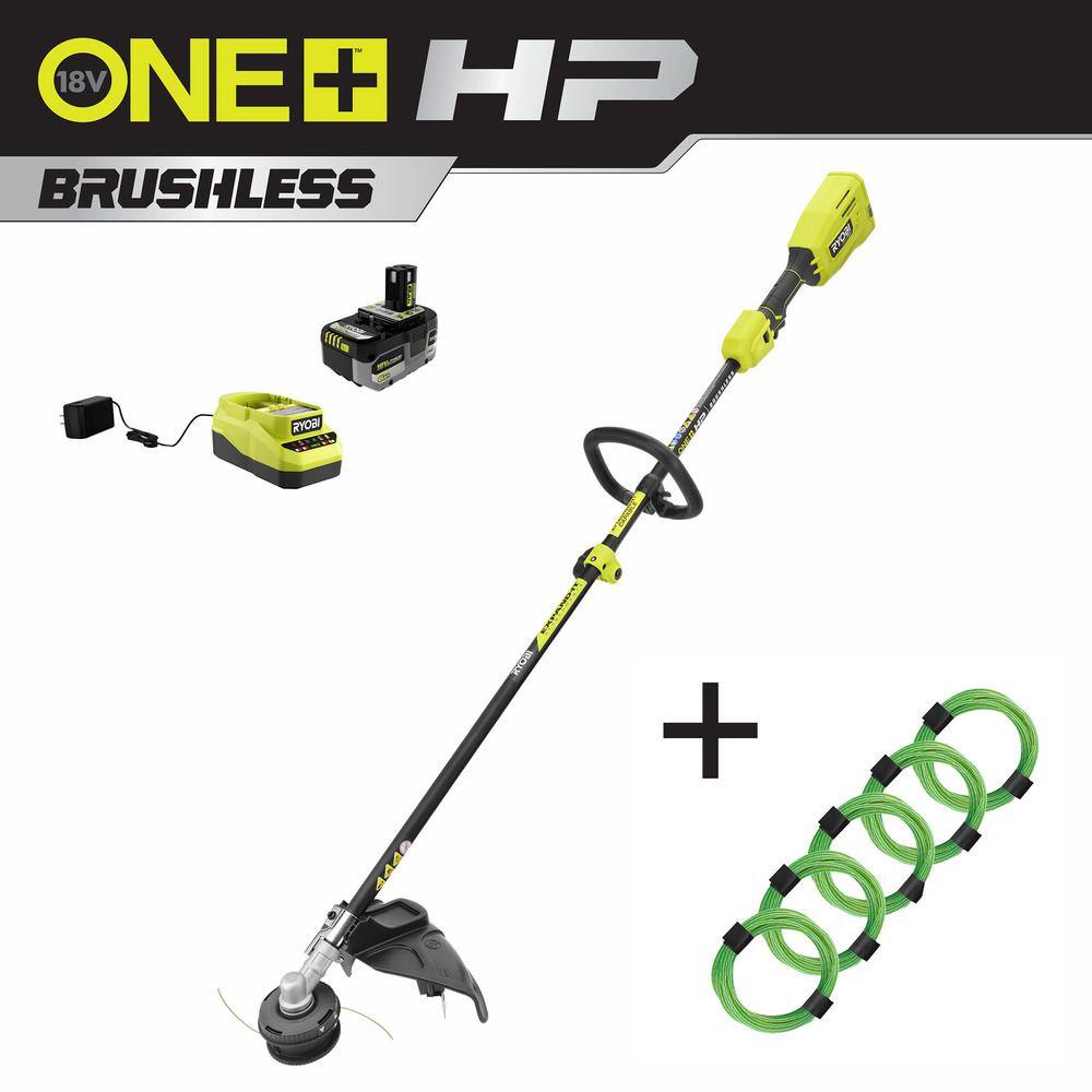 RYOBI ONE+ HP 18V Brushless Attachment Capable String Trimmer w Extra 5-Pack Pre-Cut Spiral Line 6.0Ah Battery  Charger P20220-AC