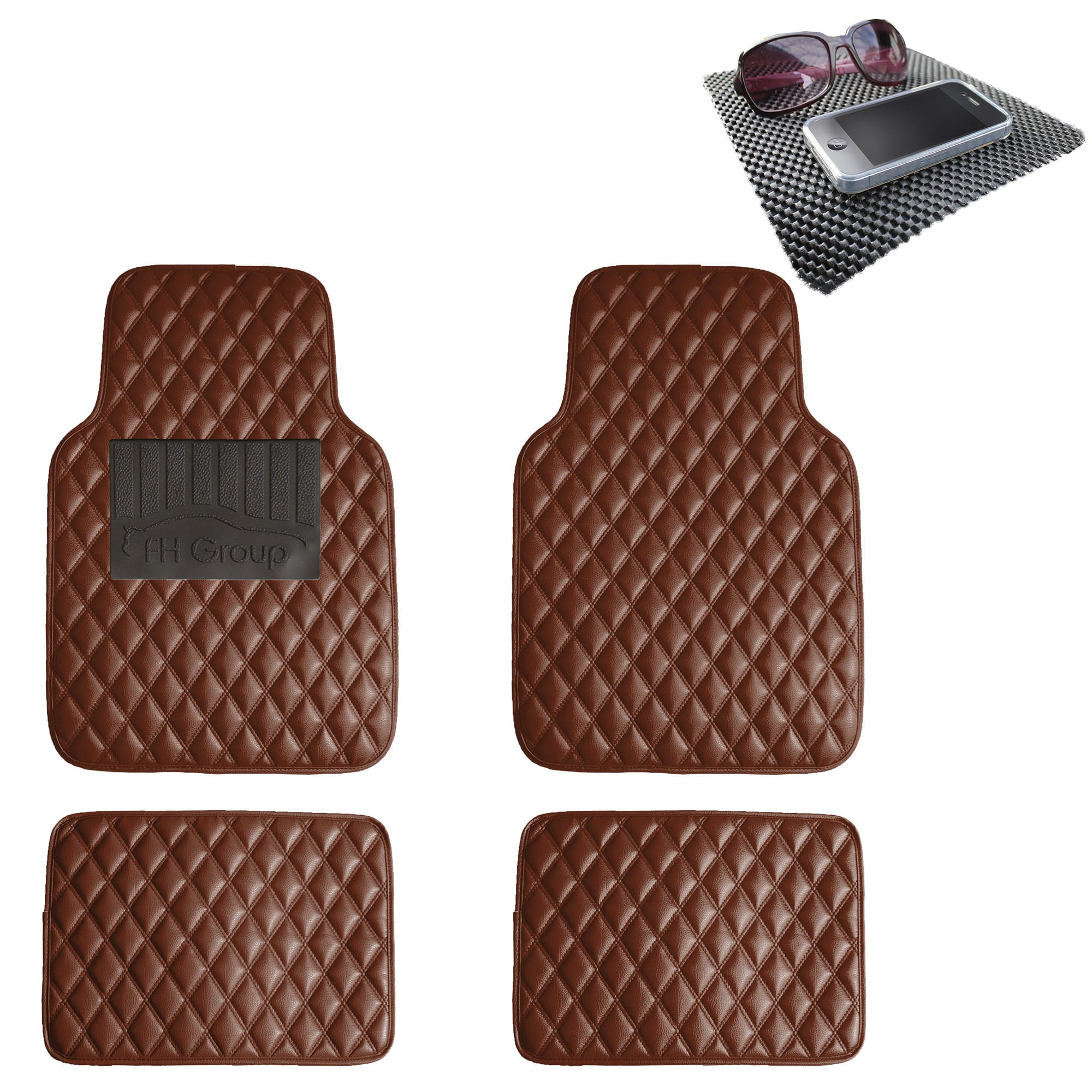 FH Group Universal Fit Diamond Pattern Floor Mats Leather For Car SUV Van Brown w/ Black Dash Pad F12002BROWN-FH1002BLACK