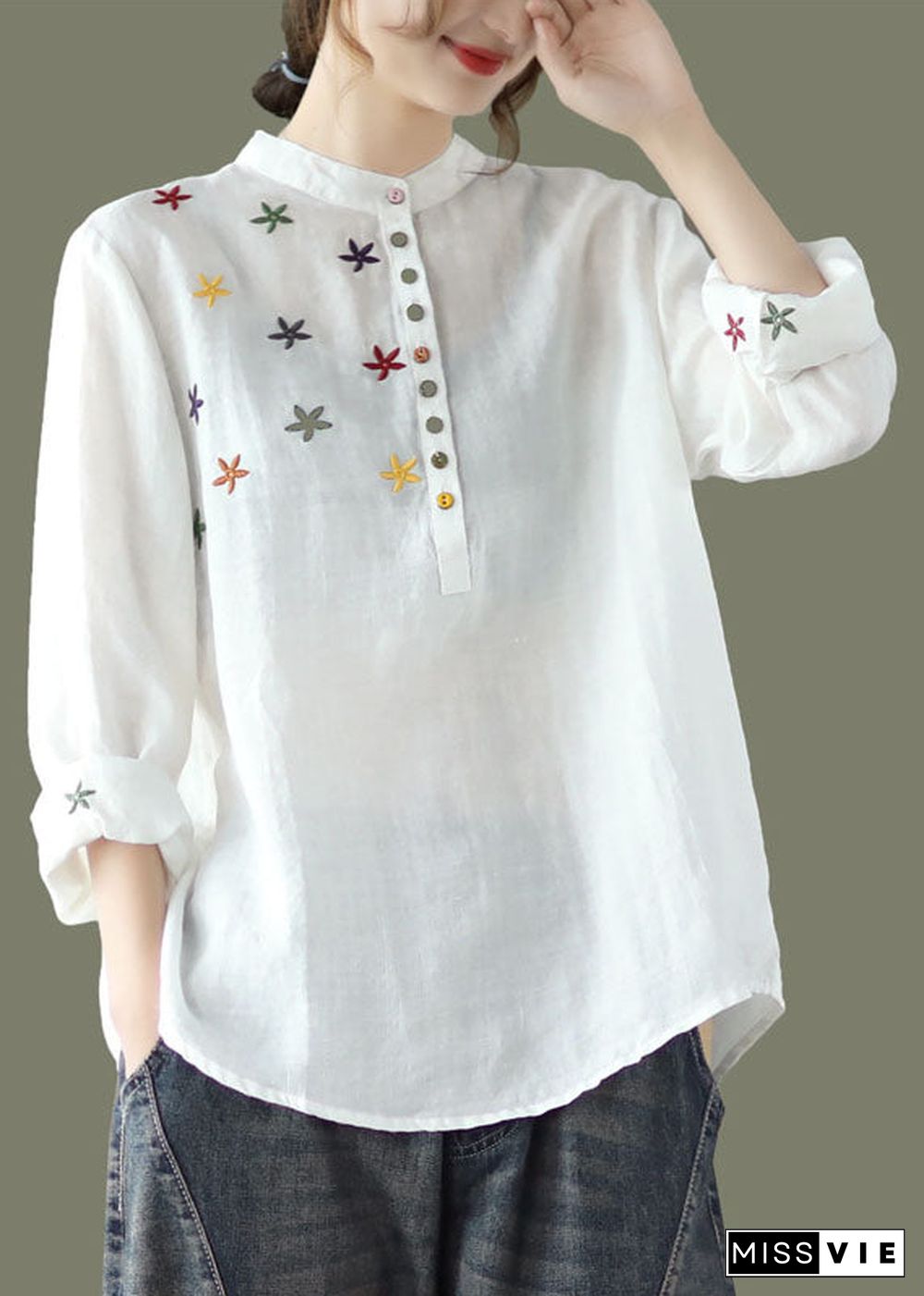 Women White Stand Collar Embroideried Linen Shirt Spring