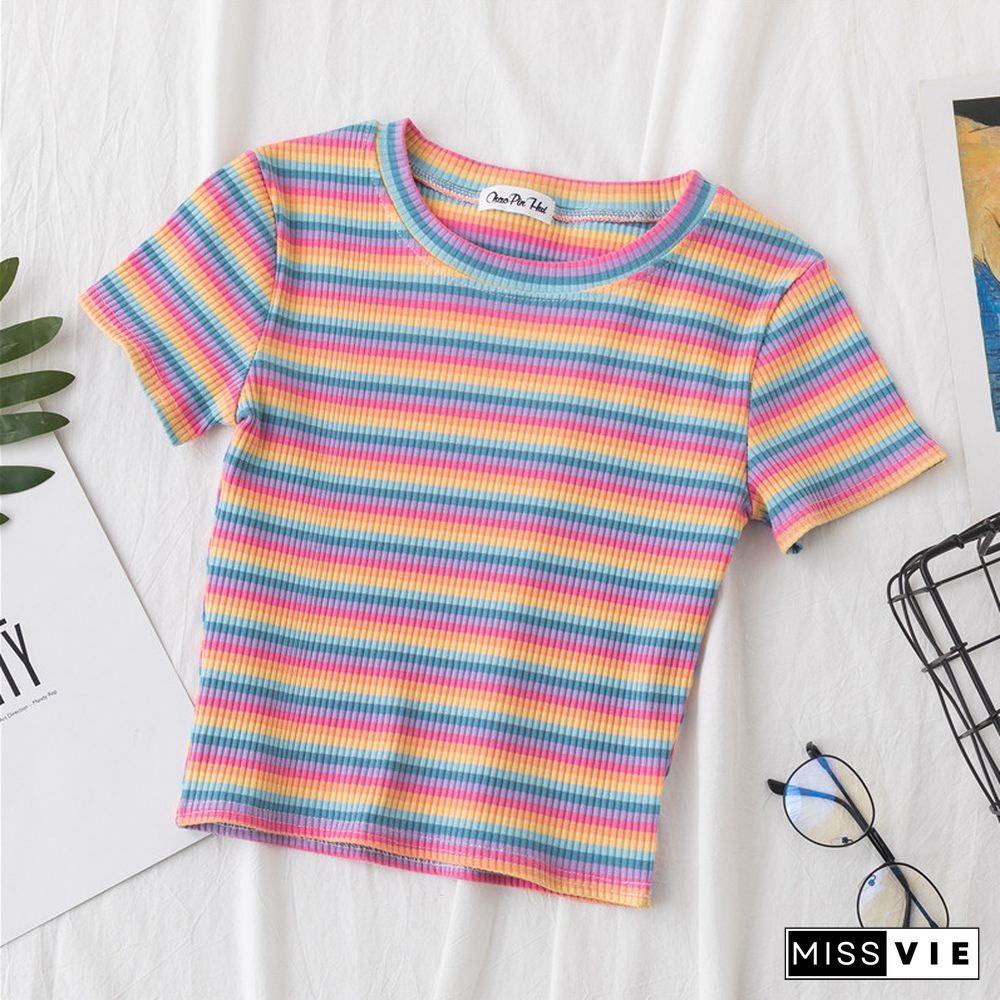 New T Shirt Women Rainbow Striped Tops Slim Fit T Shirt Harajuku Tshirt Summer Short Sleeve Korean T-shirt Feminina Clothes Tops