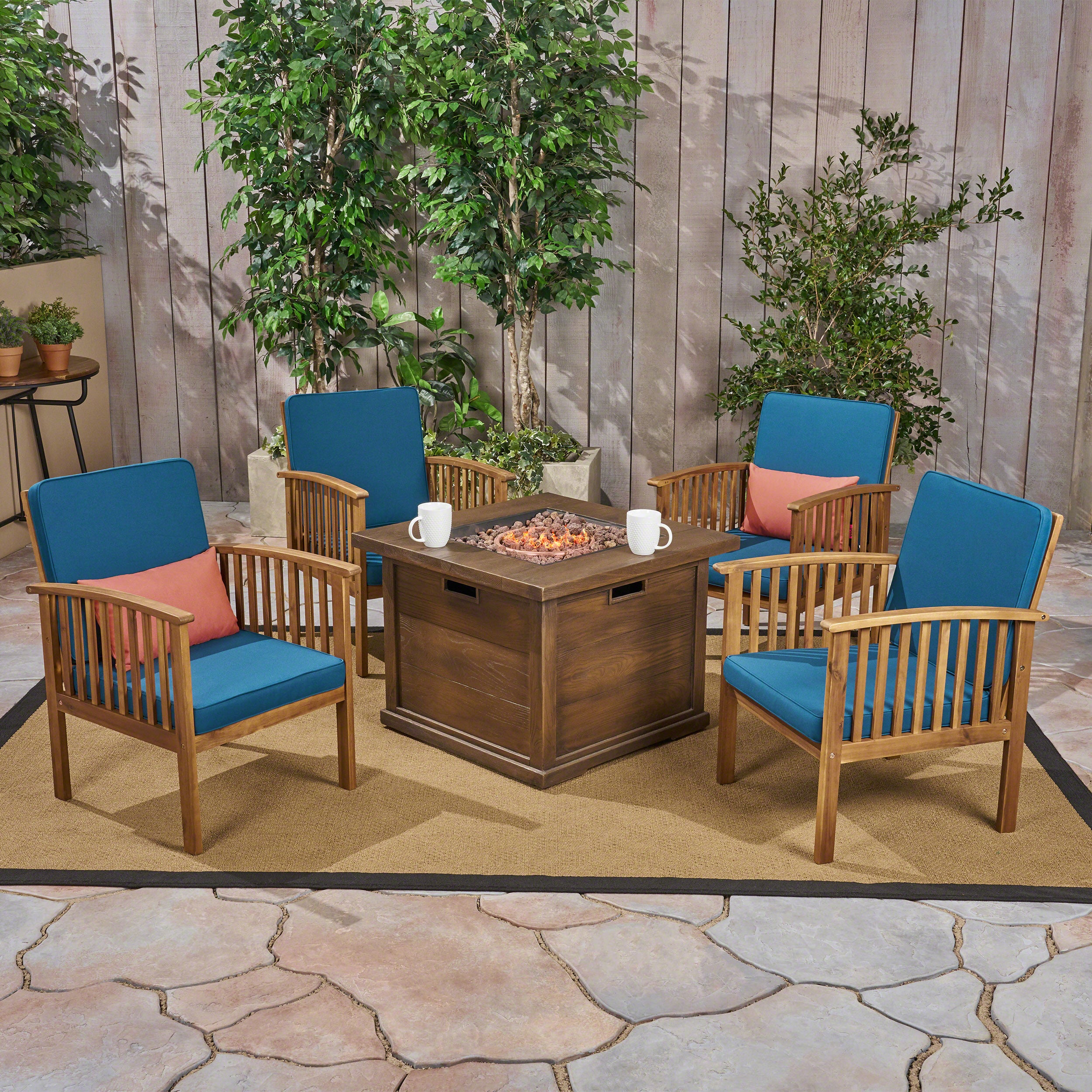 Cape Outdoor 4-Seater Acacia Wood Club Chairs with Firepit