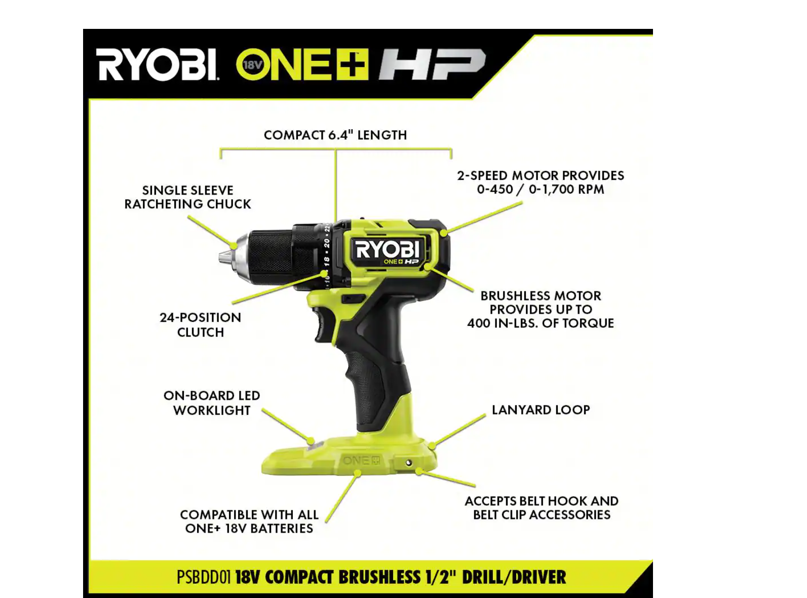 RYOBI PSBCK01K-PSBCS02B ONE+ HP 18V Brushless Cordless Compact 1/2 in. Drill/Driver， Impact Driver， Cut-Off Tool， (2) Batteries， Charger， Bag