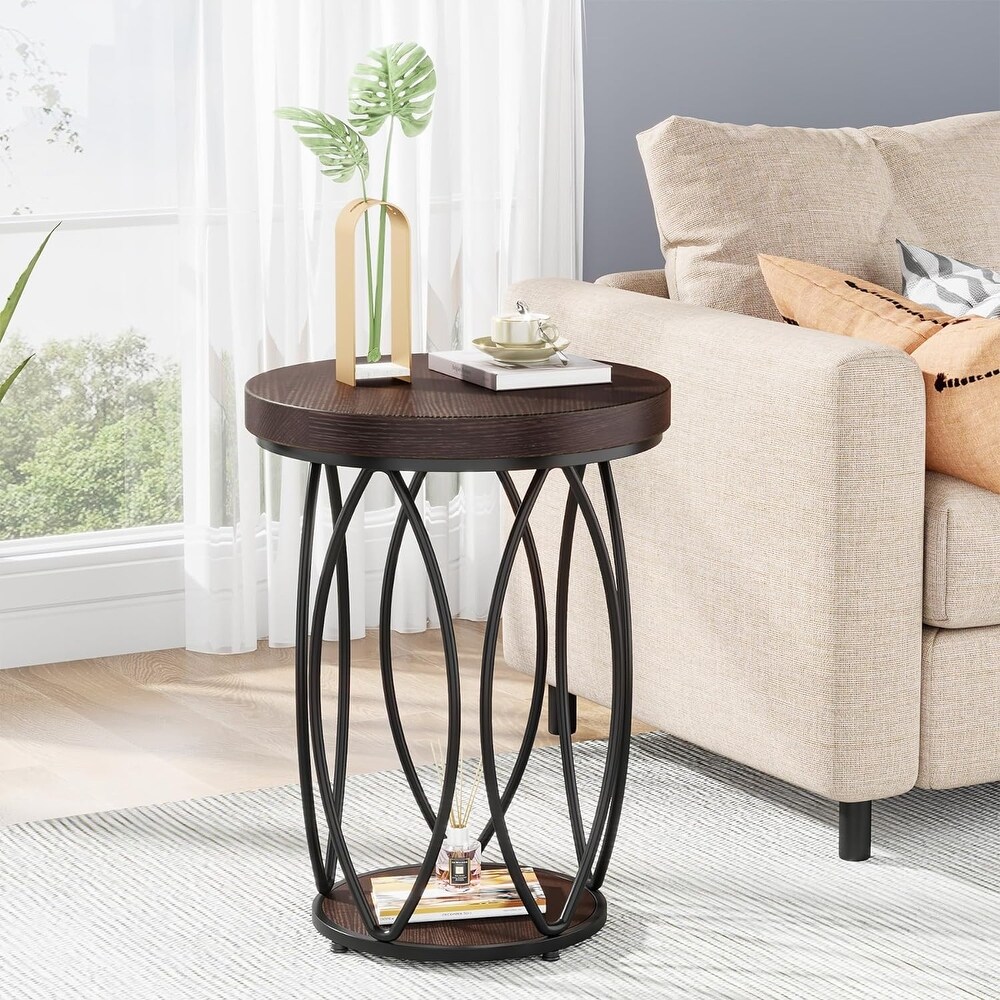 Industrial Round Side Table  Small End Table with Metal Frame