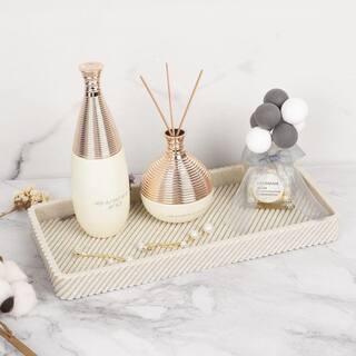 Dracelo 4-Piece Bathroom Accessory Set with Toothbrush Holder Vanity Tray Soap Dispenser Qtip Holder in Beige B0B2VB82CN