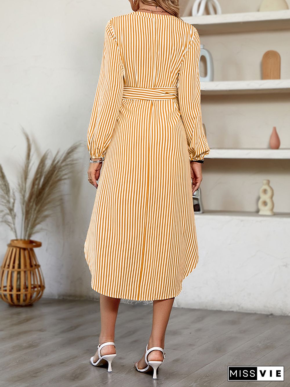 A-Line Long Sleeves Striped Tied Waist V-Neck Midi Dresses Shirt Dress