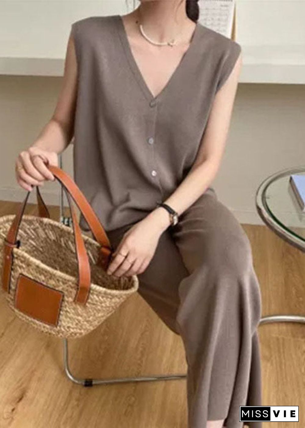 Stylish Coffee V Neck Tops And Pants Knit Two Piece Set Summer