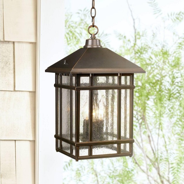 Kathy Ireland Art Deco Outdoor Hanging Light Rubbed Bronze 16 1 2 Seeded Glass Panels Damp Rated For Exterior House Porch Outside