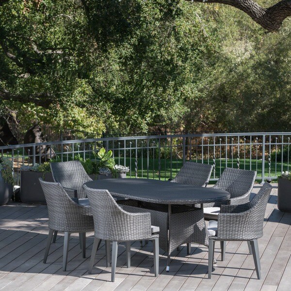 Hillhurst Outdoor 7piece Oval Wicker Dining Set with Cushions by Christopher Knight Home