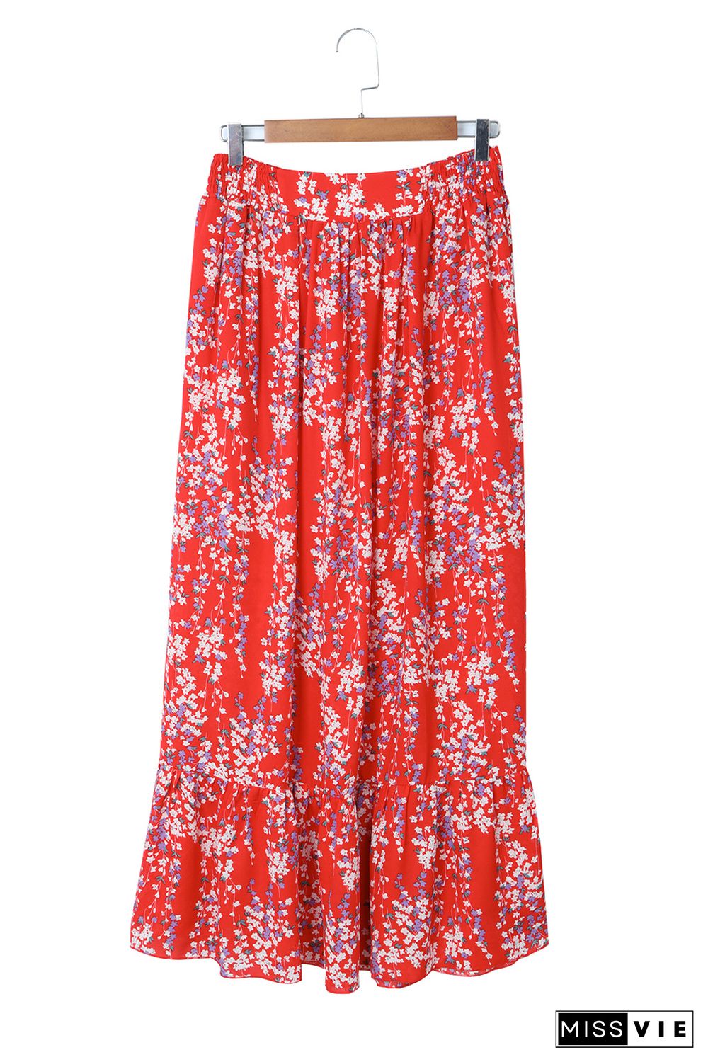 Red Multicolor Floral Ruffled Crop Top and Maxi Skirt Set