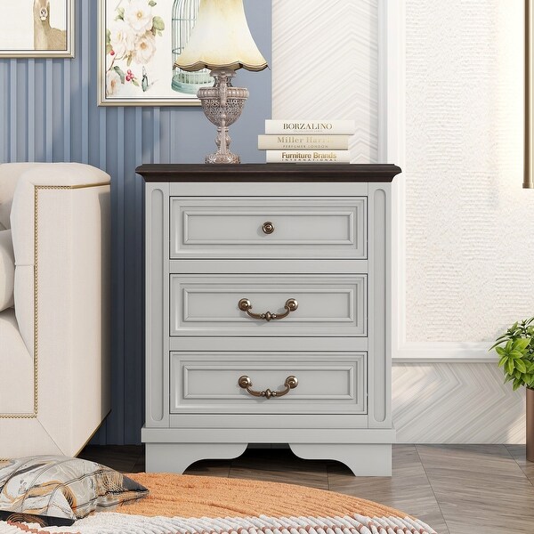 Modern Vintage Nightstand with 3 Drawers， Premium Top， 4 legs， Bedside Table - - 37797714