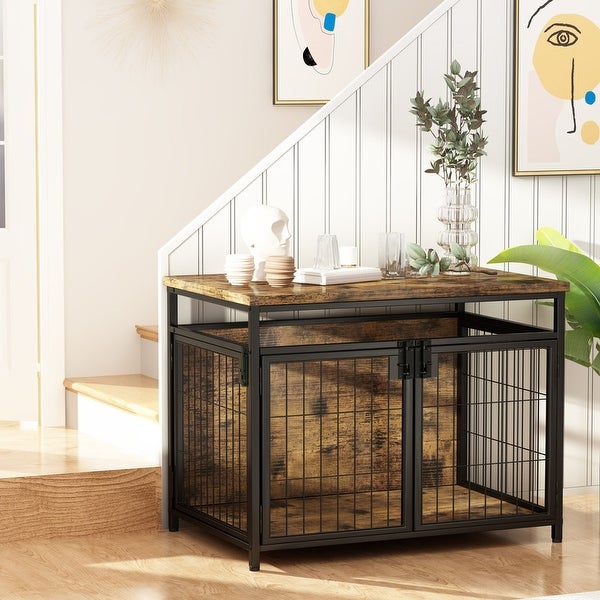 Grondin Rustic Industrial Style Wooden Dog Crate Dog Kennel with Three Lockable Doors， Indoor Pet Furniture Dog House End Table