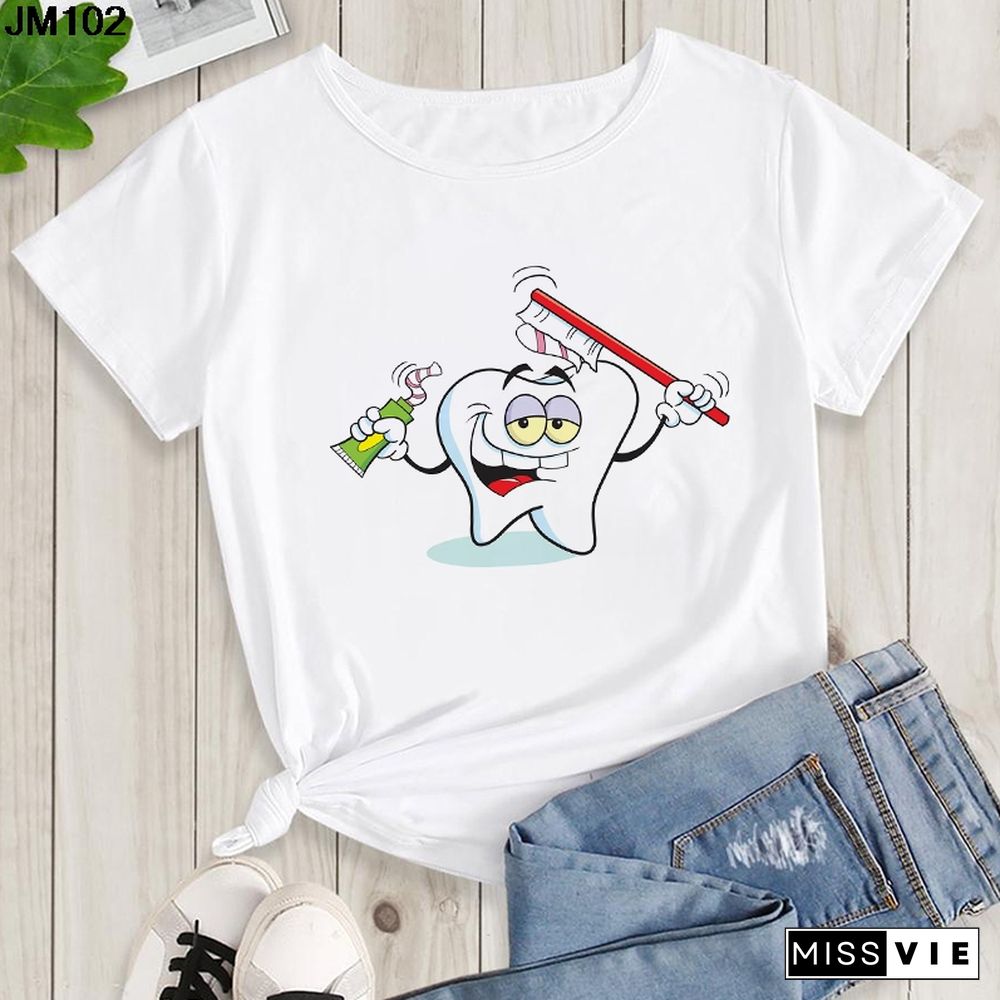 Aesthetic Funny Tooth Dentist Print Female Clothing T-shirt 90s Harajuku Kawaii O-neck Tshirt Summer Fashion Women's Top T Shirt